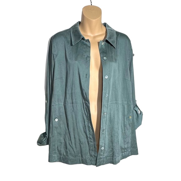 Soft Surroundings Womens Blouse Shacket Size M Roll Tab Green Pockets Casual - Picture 3 of 12